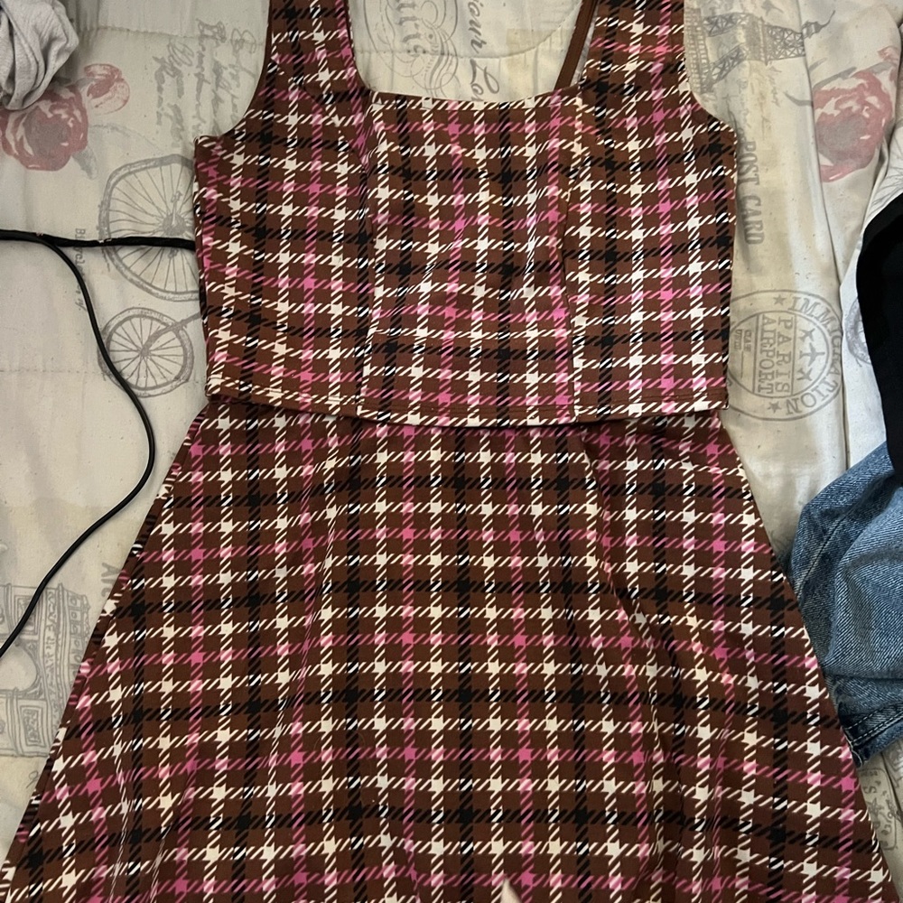 MADDEN girls brown, pink, white, black Horsetooth print skirt SET juniors size S